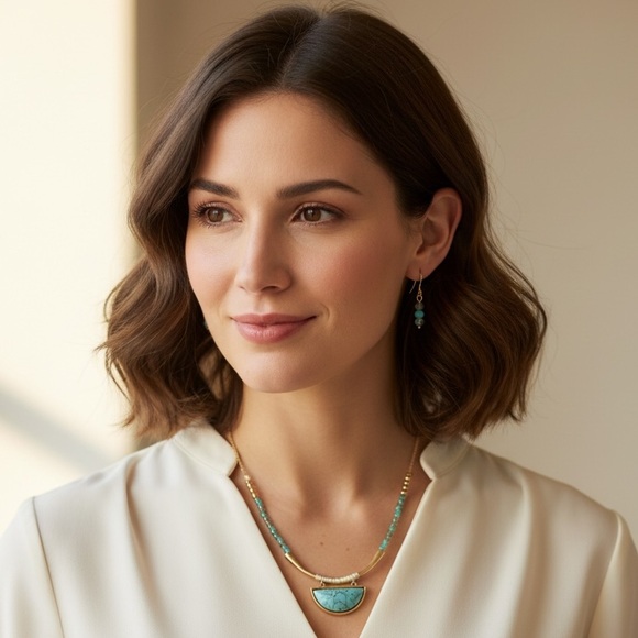 NWT Blue Tribal Necklace & Earrings Set – Goldtone Minimalist Boho Jewelry - Picture 9 of 9